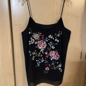 White House Black Market Black Camisole with Floral Embroidery